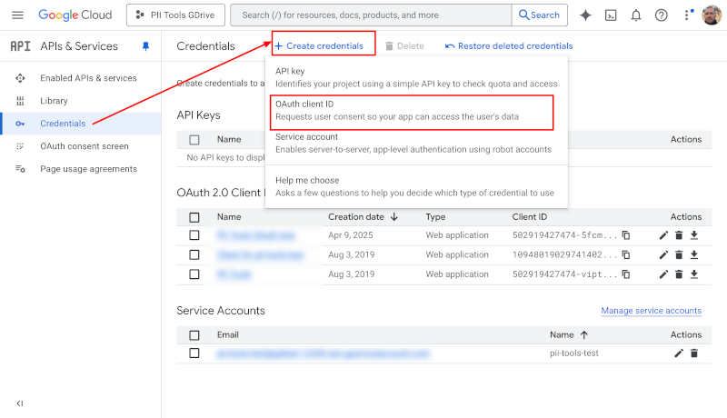 select gdrive oauth credentials